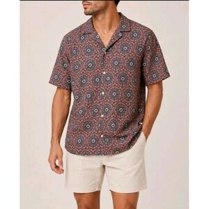 NEXT Men XXL Medallion Print Button Shirt‎ Red Navy Viscose Cotton Short Sleeve
